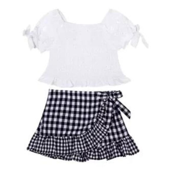 NWT Girls Rare Editions Smocked White Eyelet Top & Black Gingham Skorts Set sz 8